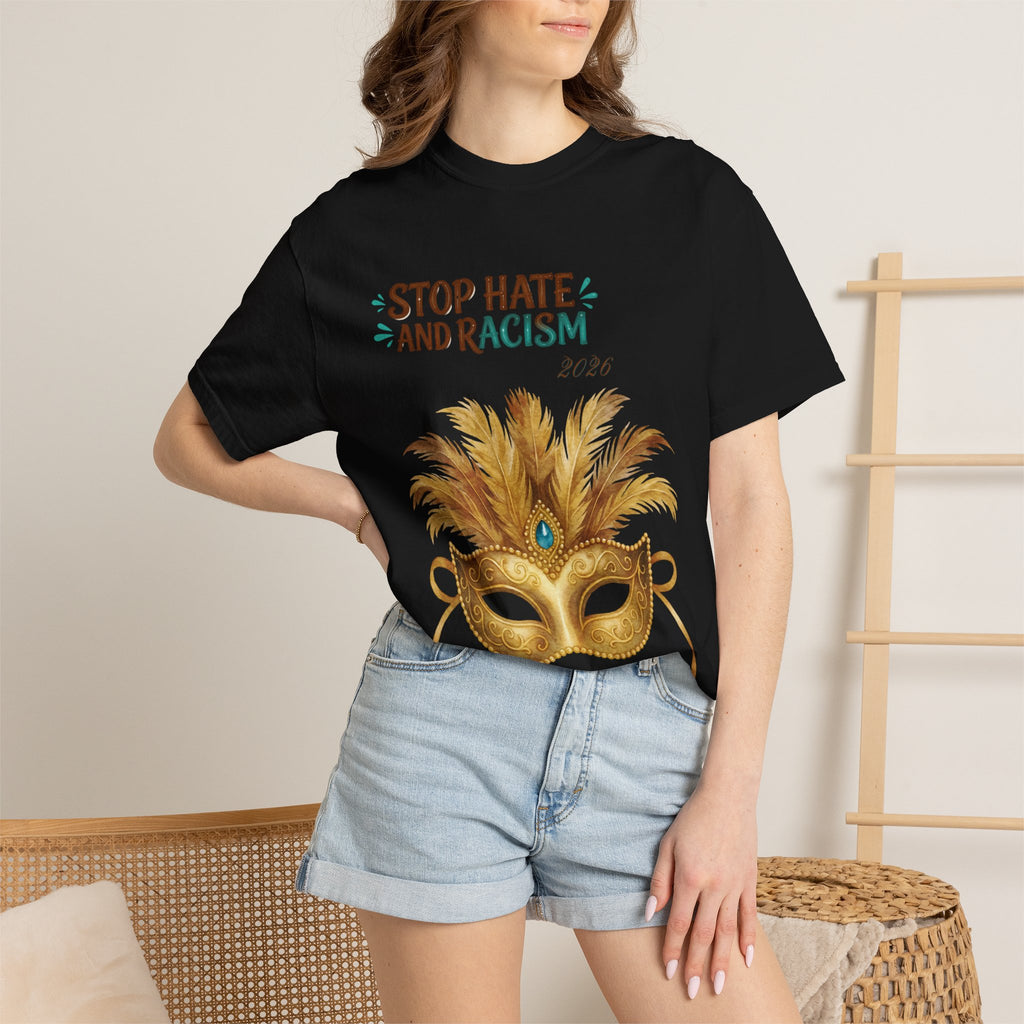 Stop Hate and Racism T-Shirt — Mardi Gras Mask Anti-Racism Tee
