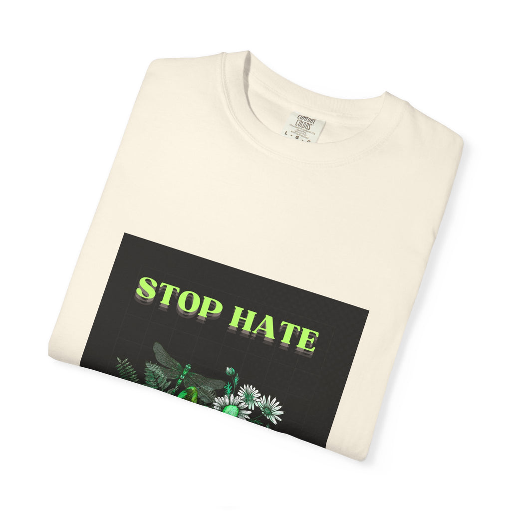 Stop Hate Skull T-Shirt — Green Floral Skull Graphic Tee