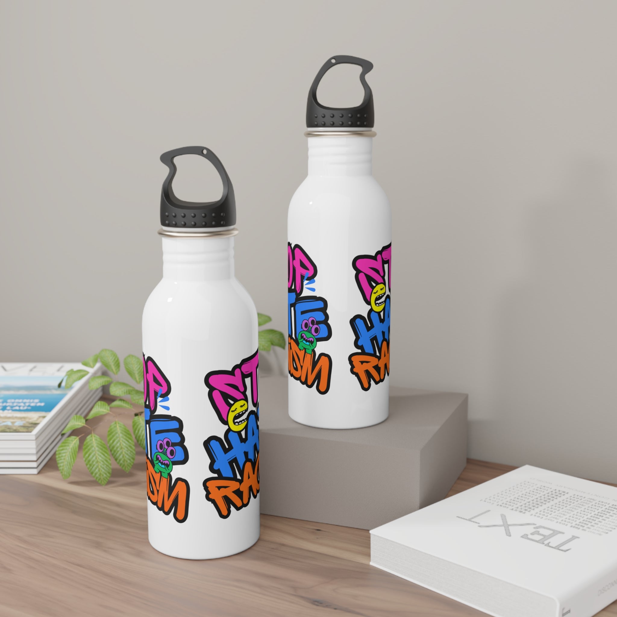 Stainless Steel Water Bottle — Stop Hate, No Racism Graffiti Design