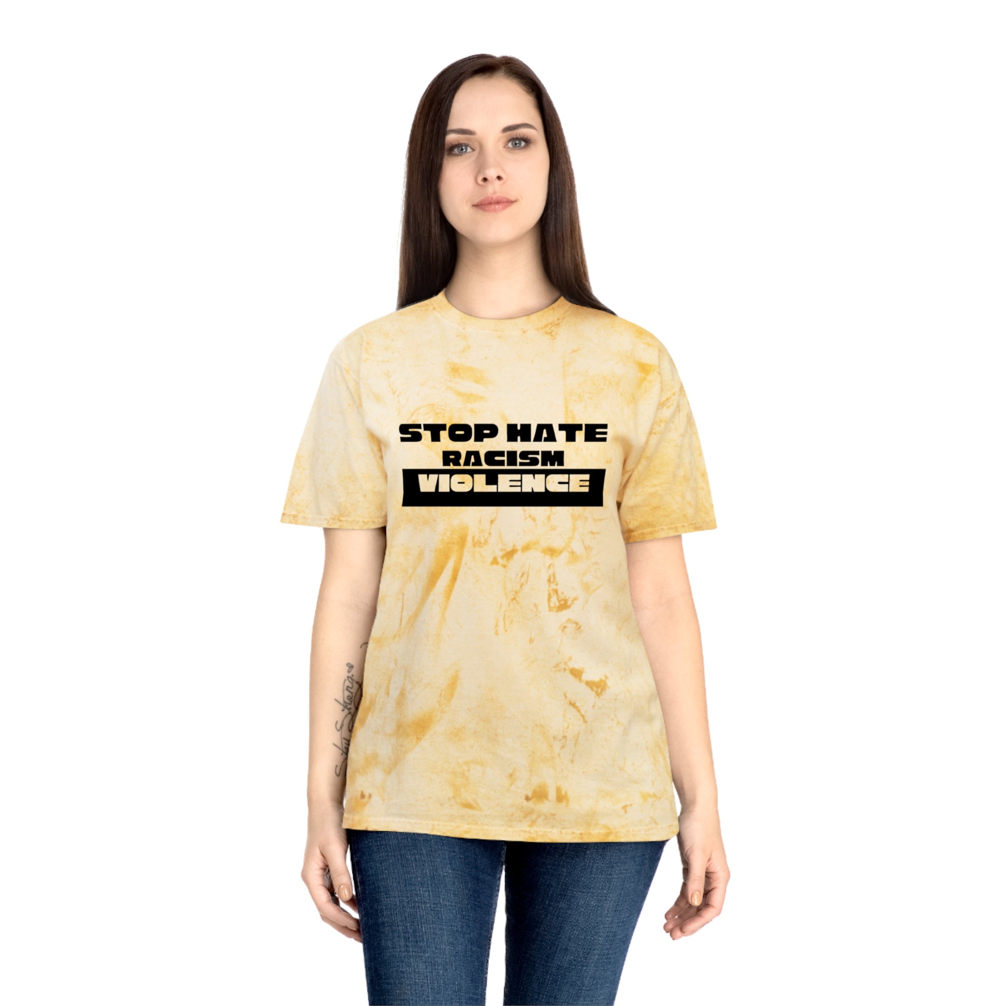 Tie-Dye T-Shirt — "Stop Hate Racism Violence" Graphic Tee