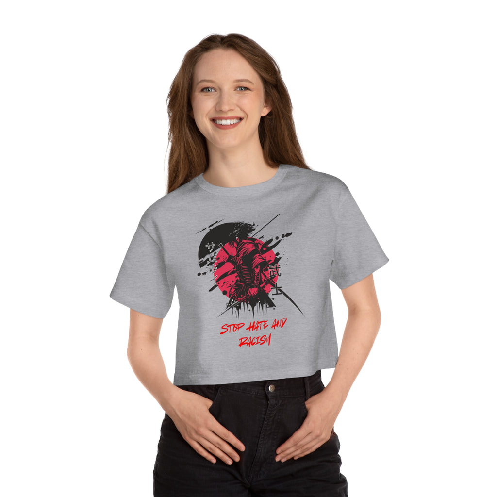 Cropped T-Shirt — "Stop Hate And Racism" Samurai Graphic
