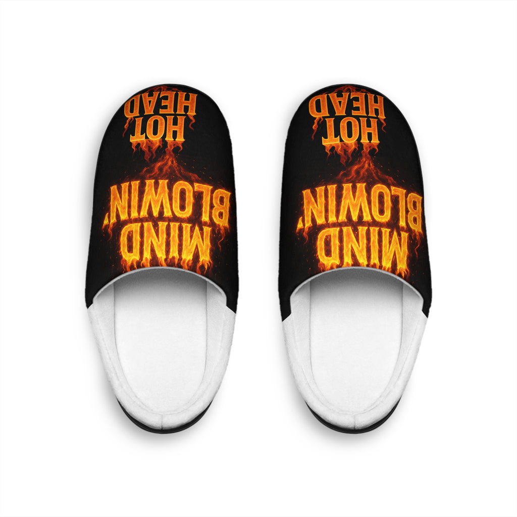 Men's Slippers — 'Mind Blown, Hot Head' Fire Graphic Indoor House Shoes