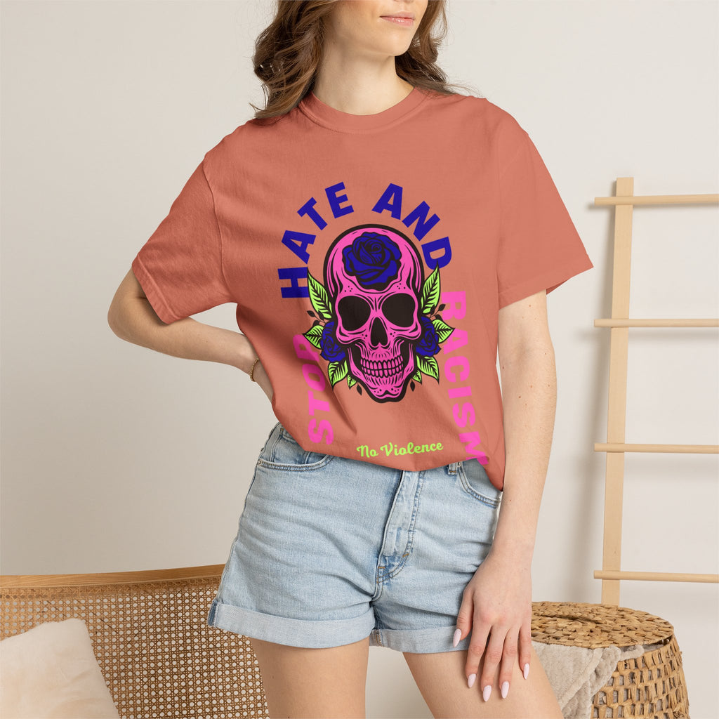 Stop Hate and Racism Skull T-Shirt — Anti-Racism Statement Tee