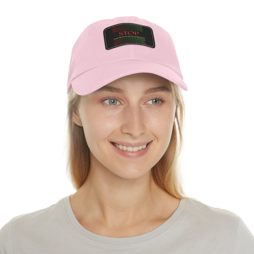 Leather Patch Dad Hat — 'STOP' Embossed Casual Baseball Cap