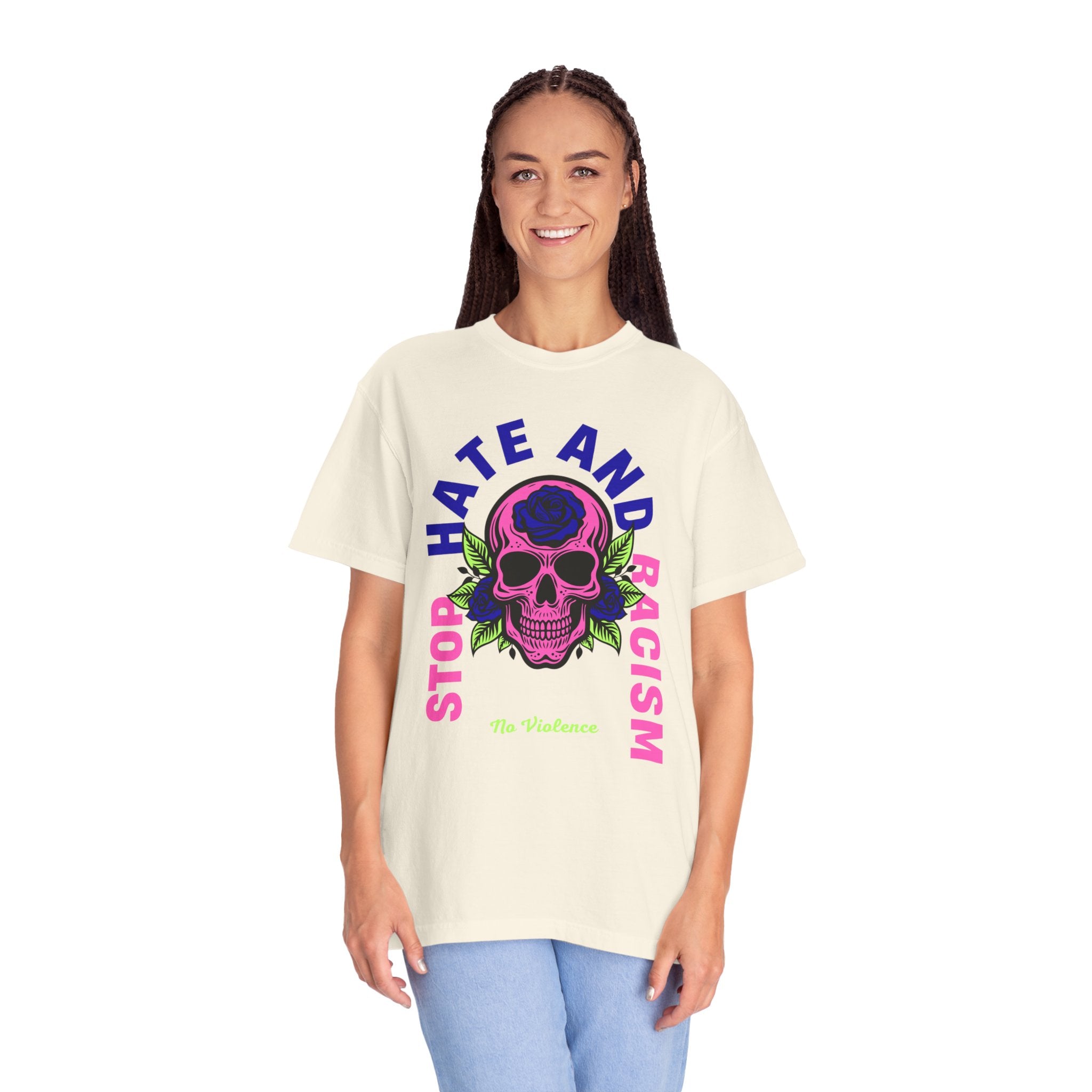 Stop Hate and Racism Skull T-Shirt — Anti-Racism Statement Tee