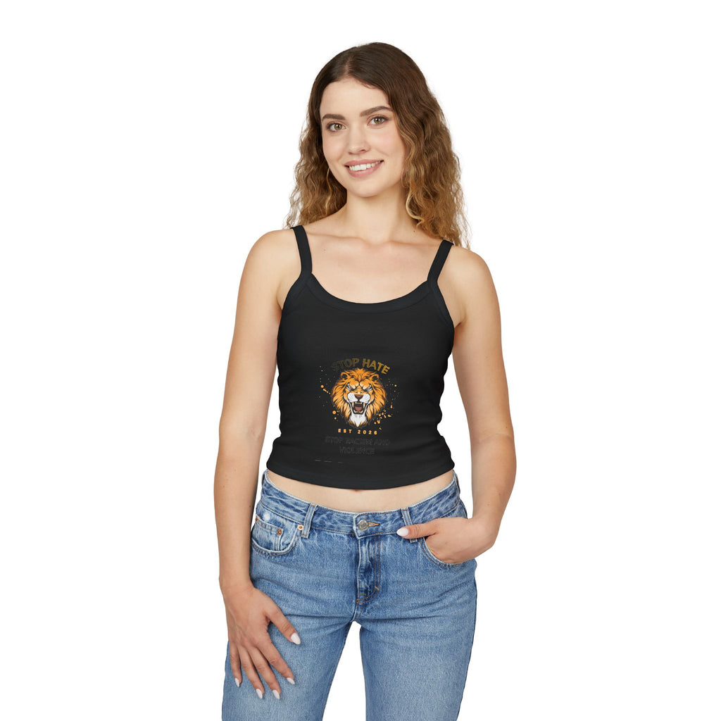 Lion "Stop Hate" Crop Tank Top — Anti-Racism Statement Spaghetti Strap